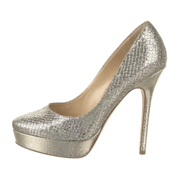 JIMMY CHOO NEW $695 Alex Silver Gold Metallic Leather Platform Pump - Picture 3 of 10